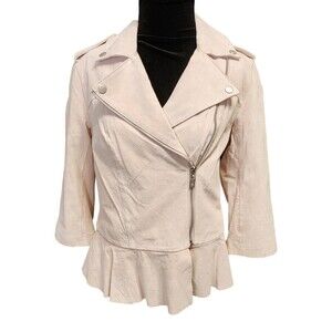 Pamela McCoy Women’s Pink Suede Leather Biker Jacket XS – Ruffle Hem Designer